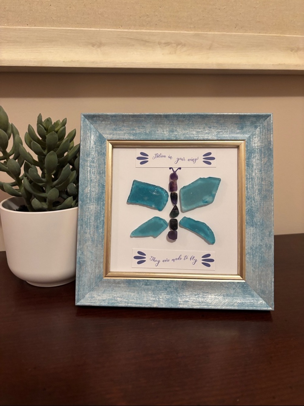 Framed Turquoise Sea Glass Butterfly Art